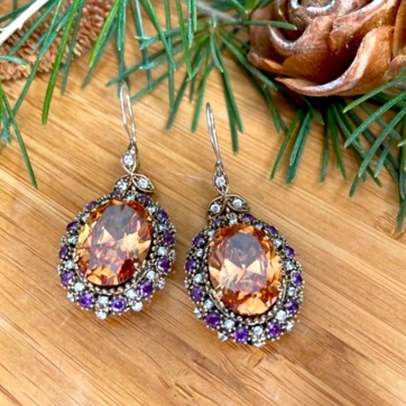 925 Sterling Silver, Orange Topaz, Drop/Dangle Earrings - Picture 1 of 9